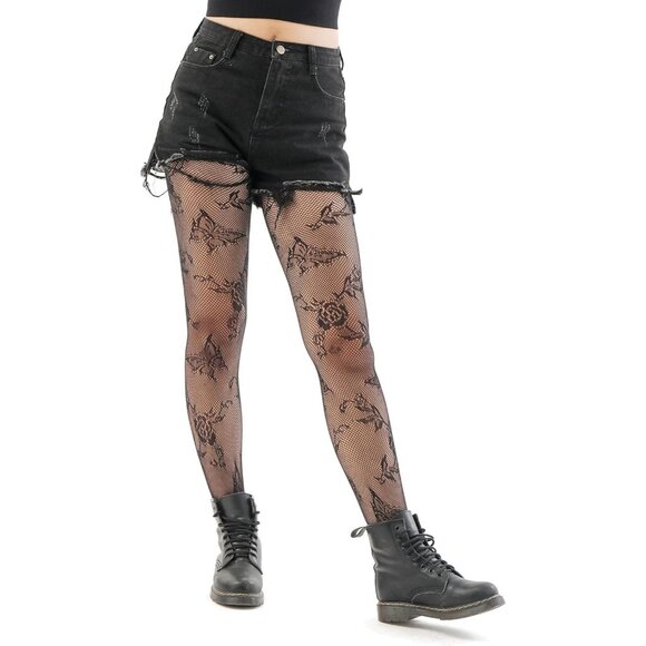 Women's Black Fishnet Tights with Floral Pattern Elegant and Comfortable - Picture 3 of 5